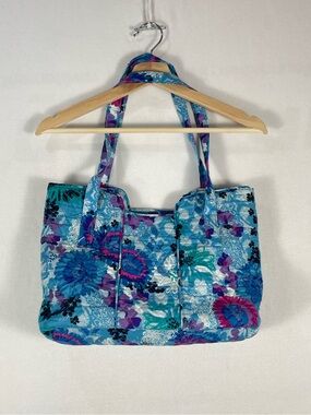 Vintage Mary Maxim Quilted Blueberry Blue Floral Paisley Cotton Mini Tote Bag